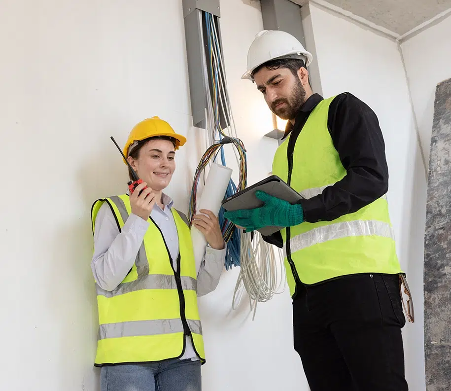Ein Team von Elektroingenieuren überprüft professionell die Verkabelung und Systeme im Gebäude.