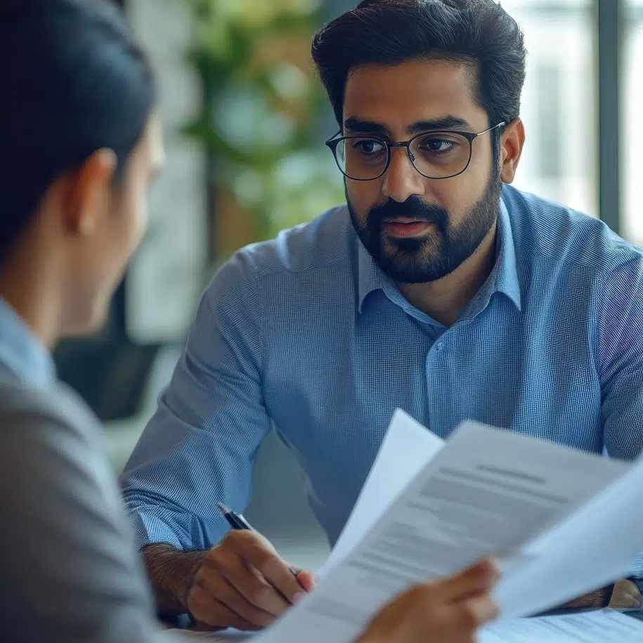 Manager bespricht Unterlagen mit einer Studenten
