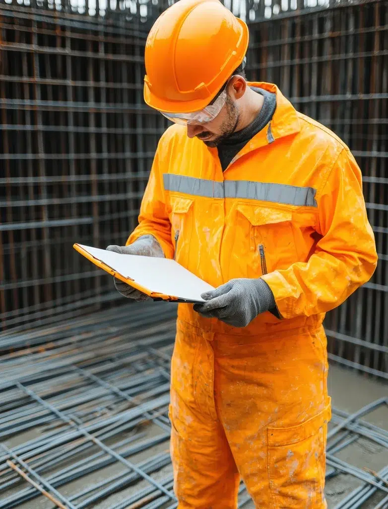 Ingenieur in Schutzkleidung analysiert Projektpläne auf der Baustelle