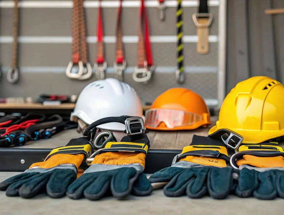 Eine Nahaufnahme von Sicherheitsgurte und Schutzausrüstung, die den Schwerpunkt auf die Sicherheit auf der Baustelle verdeutlicht.