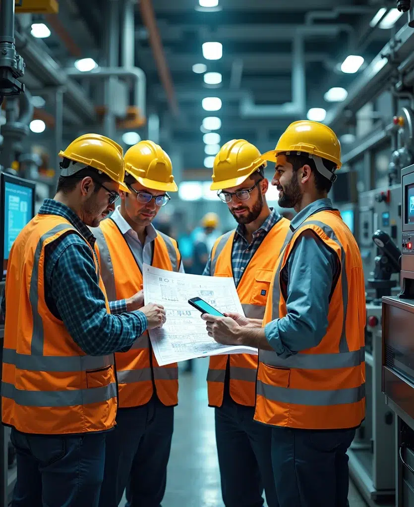 Eine Gruppe männlicher Ingenieure in Sicherheitsausrüstung diskutiert in einer Industrieanlage über den Bauplan