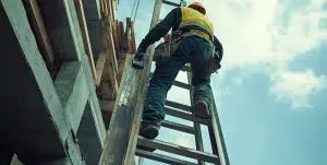 Bauarbeiter klettert Leiter auf Baustelle