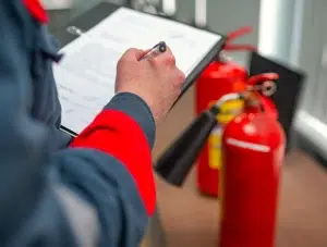 Ingenieure prüfen einen Feuerlöscher mithilfe der Zwischenablage oder prüfen industrielle Brandschutzsysteme
