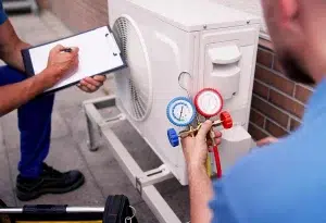 Industrieklimatechniker überprüfen eine Klimaanlage