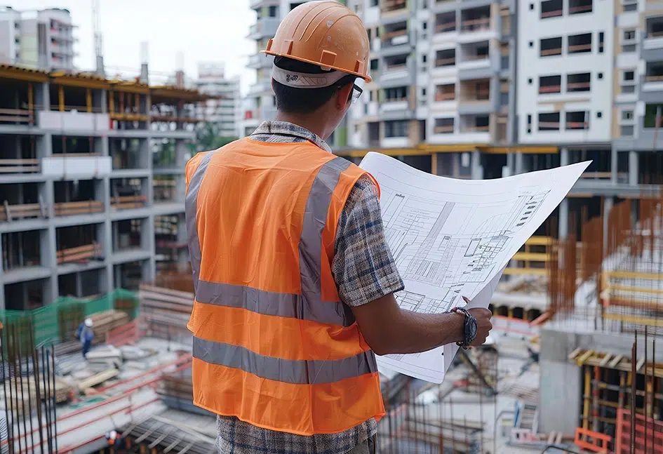 Ein Bauarbeiter hält auf einer Baustelle Baupläne in der Hand und betont damit die Planung und Koordination im Bauwesen.