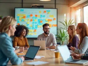 Ein vielfältiges Team führt in einem Glasbüro ein Brainstorming durch.