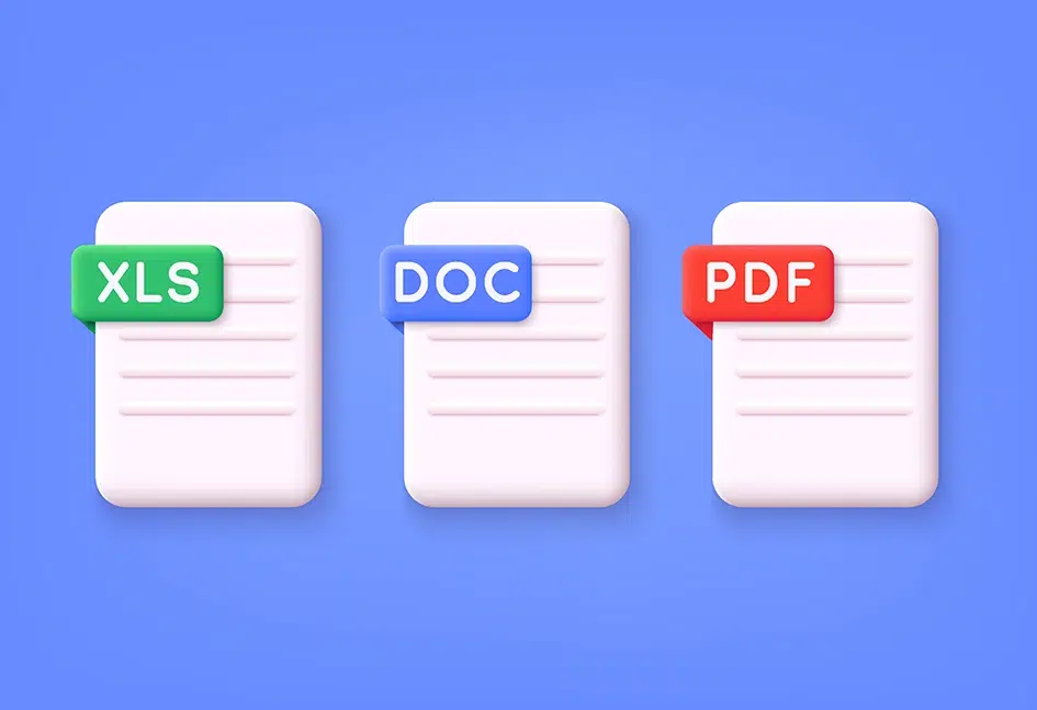 Doc, PDF, XLS. 3D-Business-Symbolsatz.