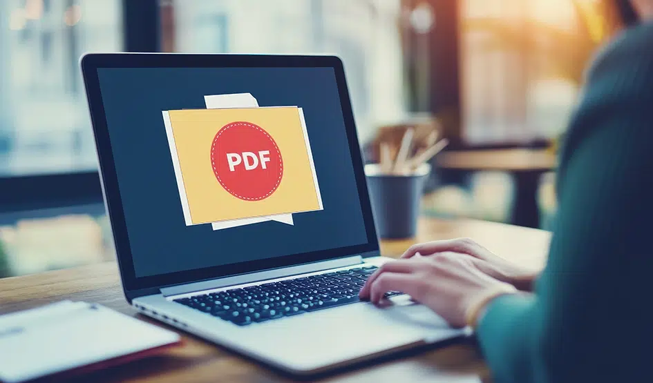 Eine Person arbeitet an ihrem Laptop und konzentriert sich auf die Bearbeitung von PDF-Dokumenten