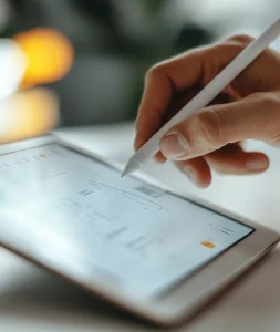Ein Geschäftsmann signiert ein Dokument auf einem Tablet mit einem Stift digital und demonstriert so die Integration von Technologie in moderne Geschäftspraktiken.