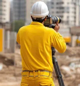 Bauarbeiter filmt Baustellenfortschritt mit Kamera auf Stativ