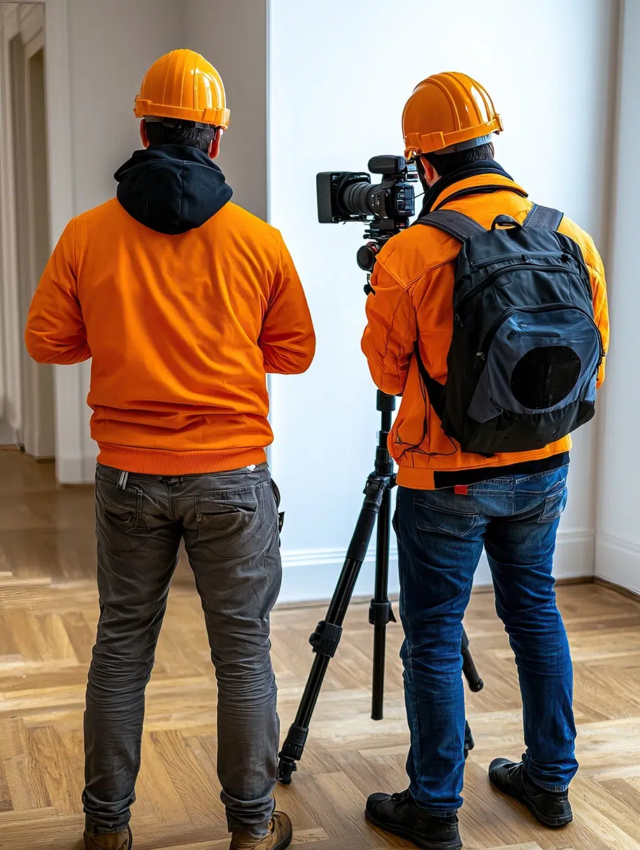 Zwei Männer in Sicherheitskleidung machen Bilder von einem leeren Haus mit der Kamera