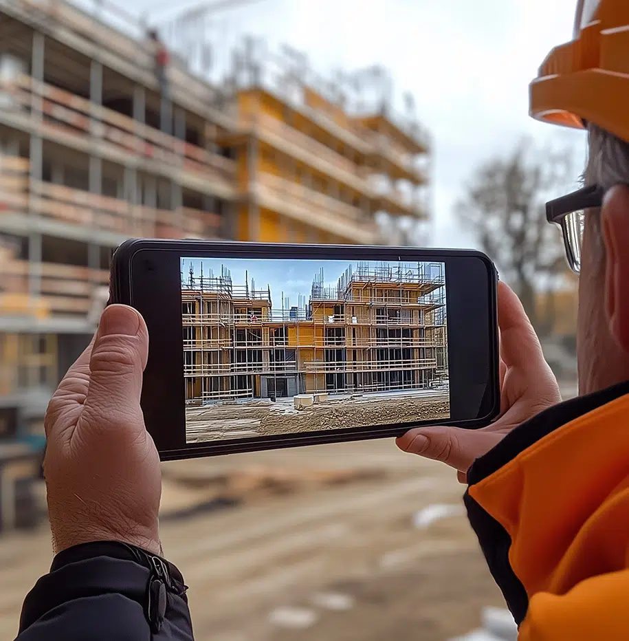 Bauleiter fotografiert die Baustelle mit seinem Smartphone.