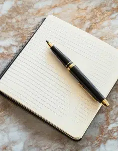 Ein eleganter schwarzer Stift liegt auf einem offenen Notizblock auf einer strukturierten Marmoroberfläche und lädt zu Kreativität und Notizen ein.