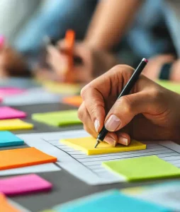 Kreativer Arbeitsbereich mit Händen, die auf Haftnotizen schreiben.