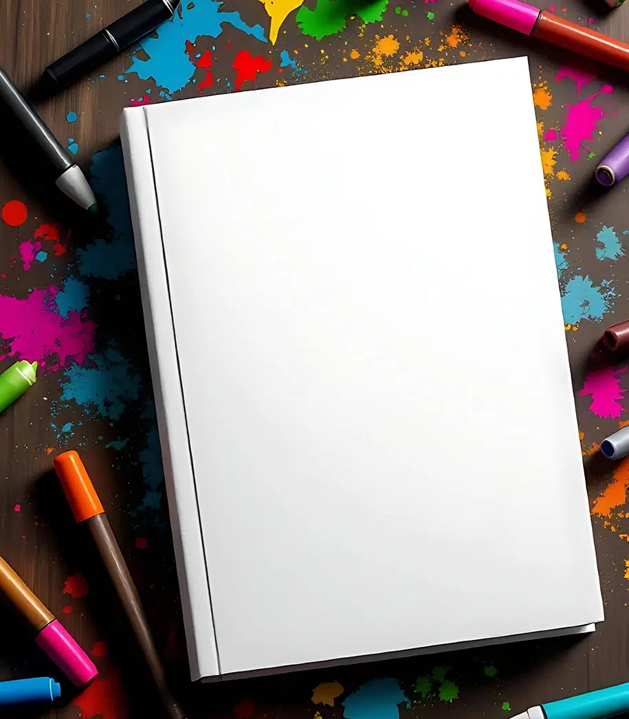 Hintergrund mit Farbflecken, Buntstiften und einem Notizbuch