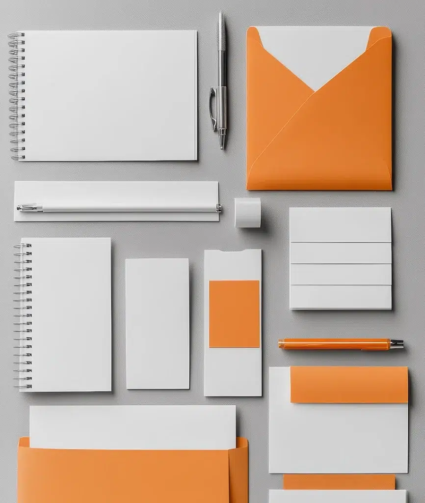 Briefpapier-Modell mit orangefarbenen Akzenten für Branding- und Designpräsentationszwecke