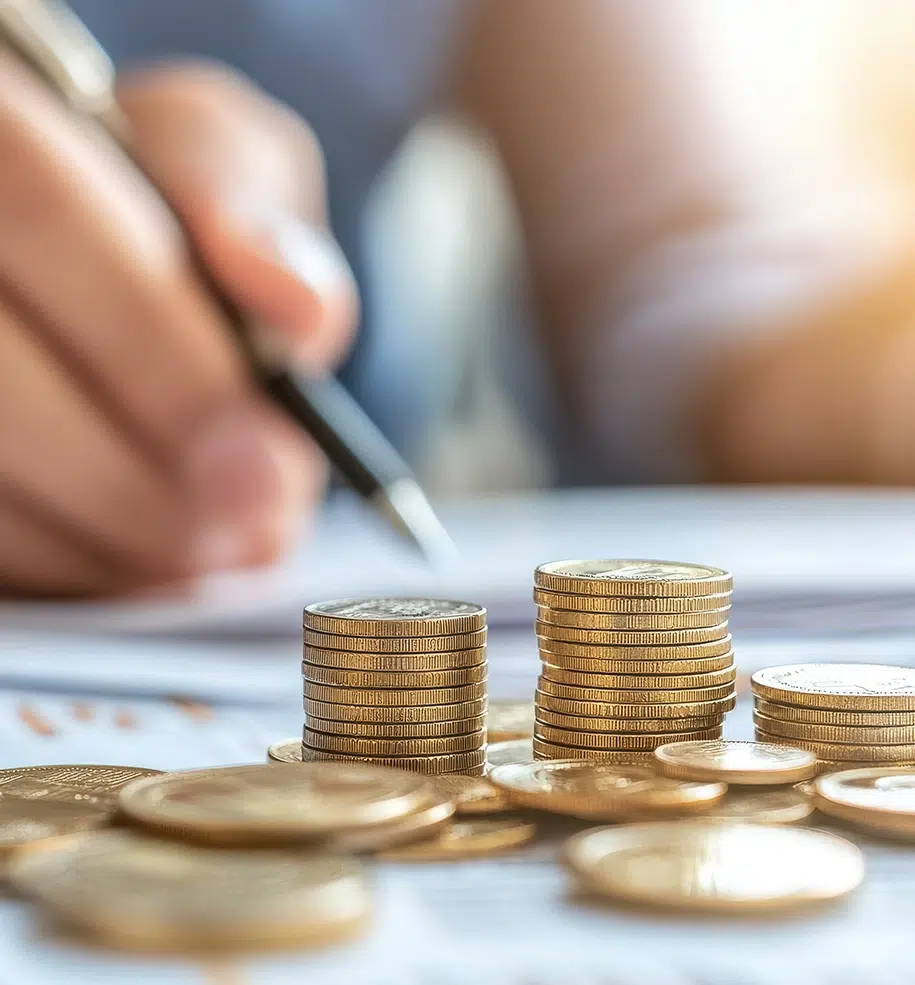 Stapel von Münzen mit einer Person, die im Hintergrund Notizen schreibt und Finanzen und Investitionen darstellt.