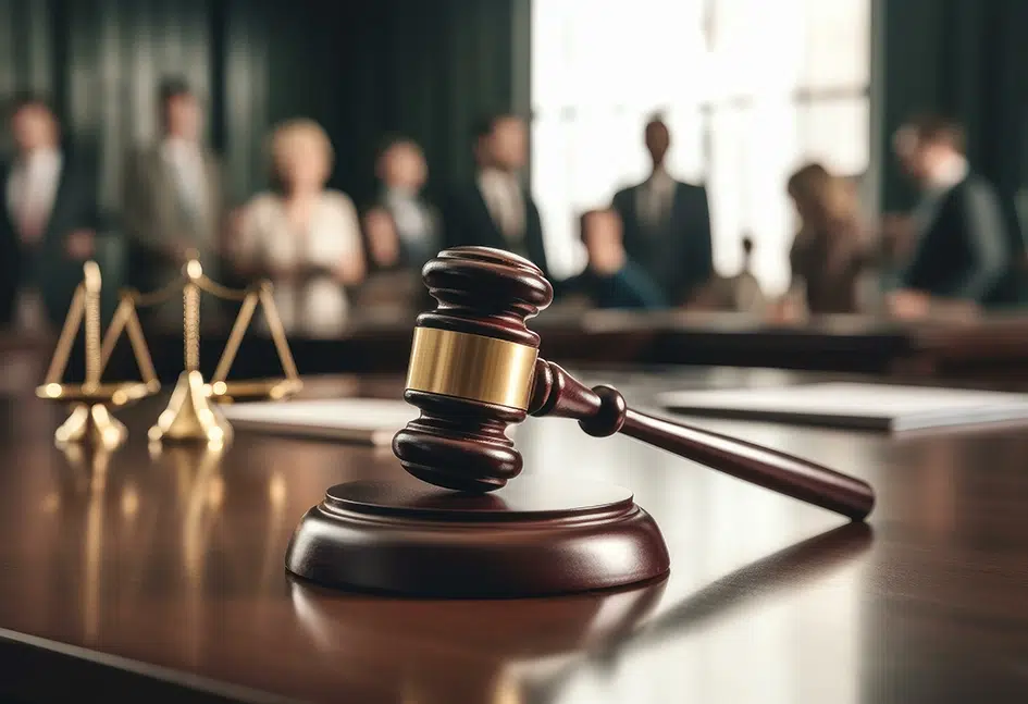 Holzhammer und Schallblock symbolisieren Gerechtigkeit und Gerichtsverfahren im Gerichtssaal, mit Waage und Jury verschwommen im Hintergrund