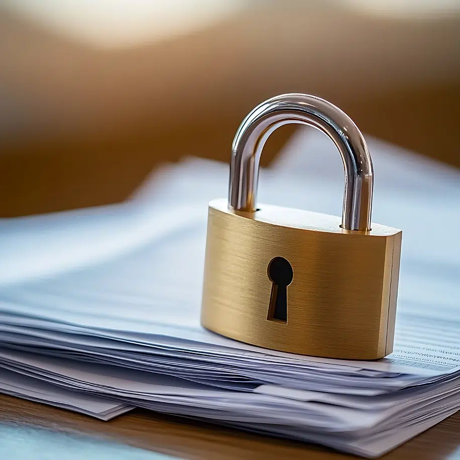 Ein Stapel Dokumente, der durch ein goldenes Vorhängeschloss gesichert ist, symbolisiert Datensicherheit, Vertraulichkeit und den Schutz sensibler Informationen