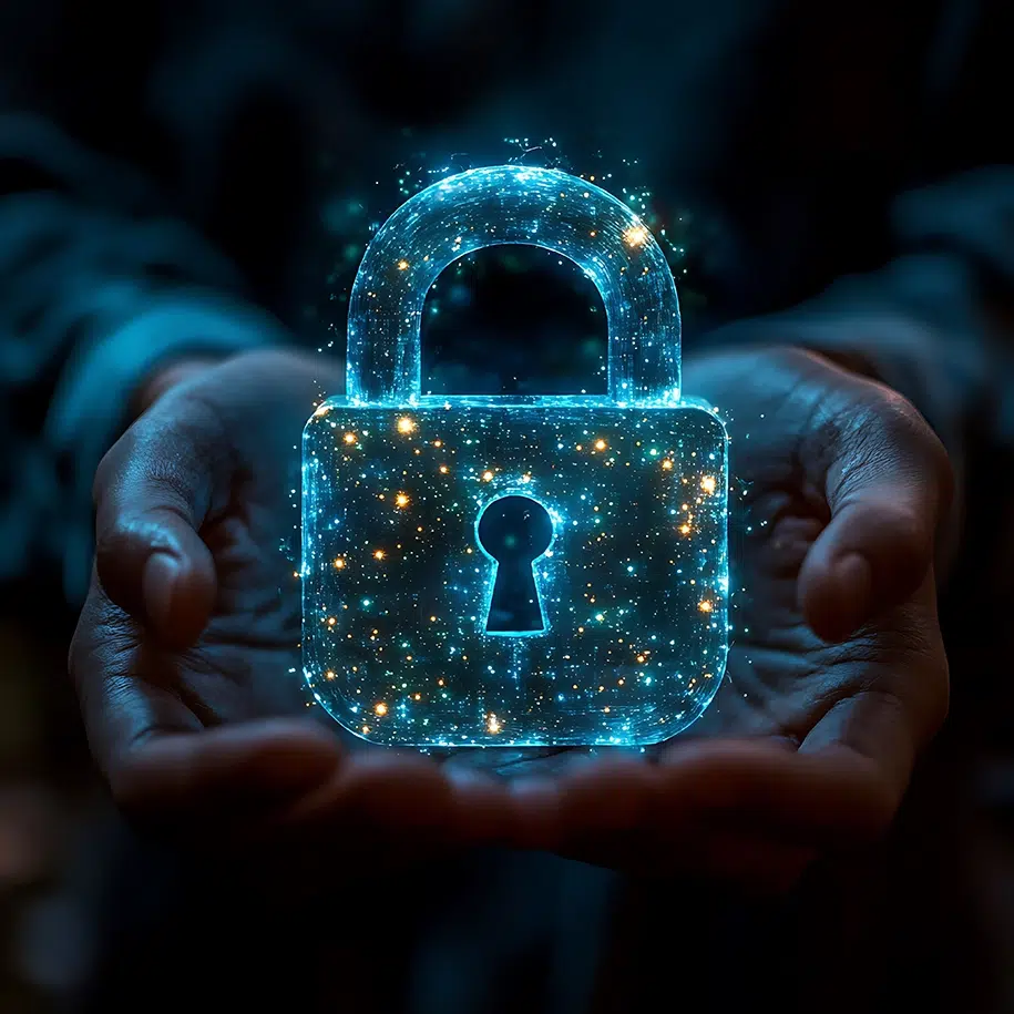 Eine Hand hält ein digitalisiertes Schloss als Symbol zum Datenschutz