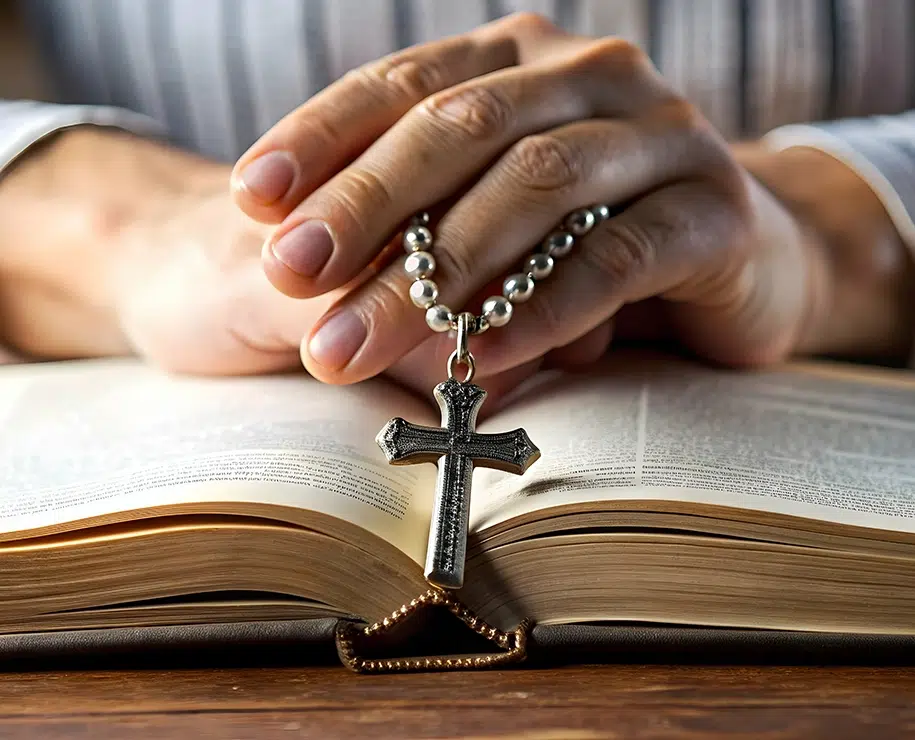Hand ruht auf offener Bibel mit Kreuzkette, symbolisiert persönliche Reflexion