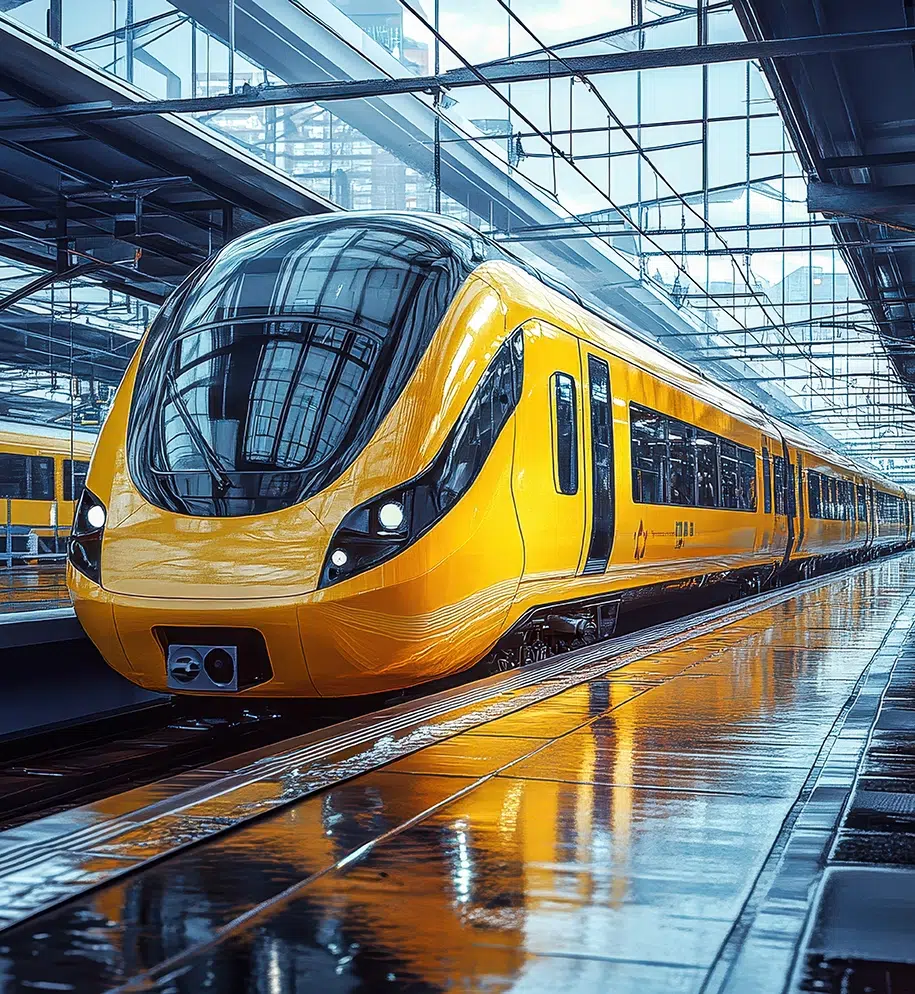 Moderner gelber Zug wartet auf nassem Bahnsteig im futuristischen Bahnhof