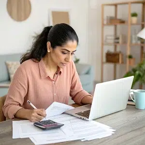 Frau führt in einem Büro Buchhaltungen durch