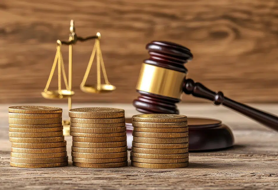 Neben Münzstapeln und einer Waage liegt ein Hammer, der Gerechtigkeit und Recht in Finanzfragen symbolisiert.