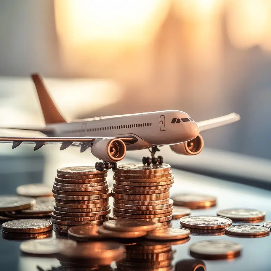 Ein Flugzeug ruht auf einem Stapel Münzen, die die finanziellen Aspekte von Flugreisen und Tourismus darstellen