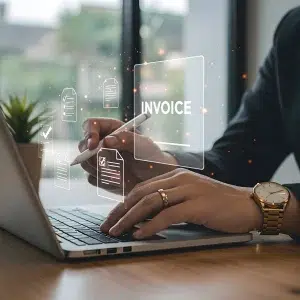 Geschäftsfrau nutzt Laptop zur Verwaltung digitaler Dokumente auf dem virtuellen Bildschirm.