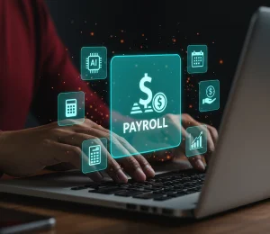 Eine Frau führt am PC Lohn- und Gehaltsabrechnung durch