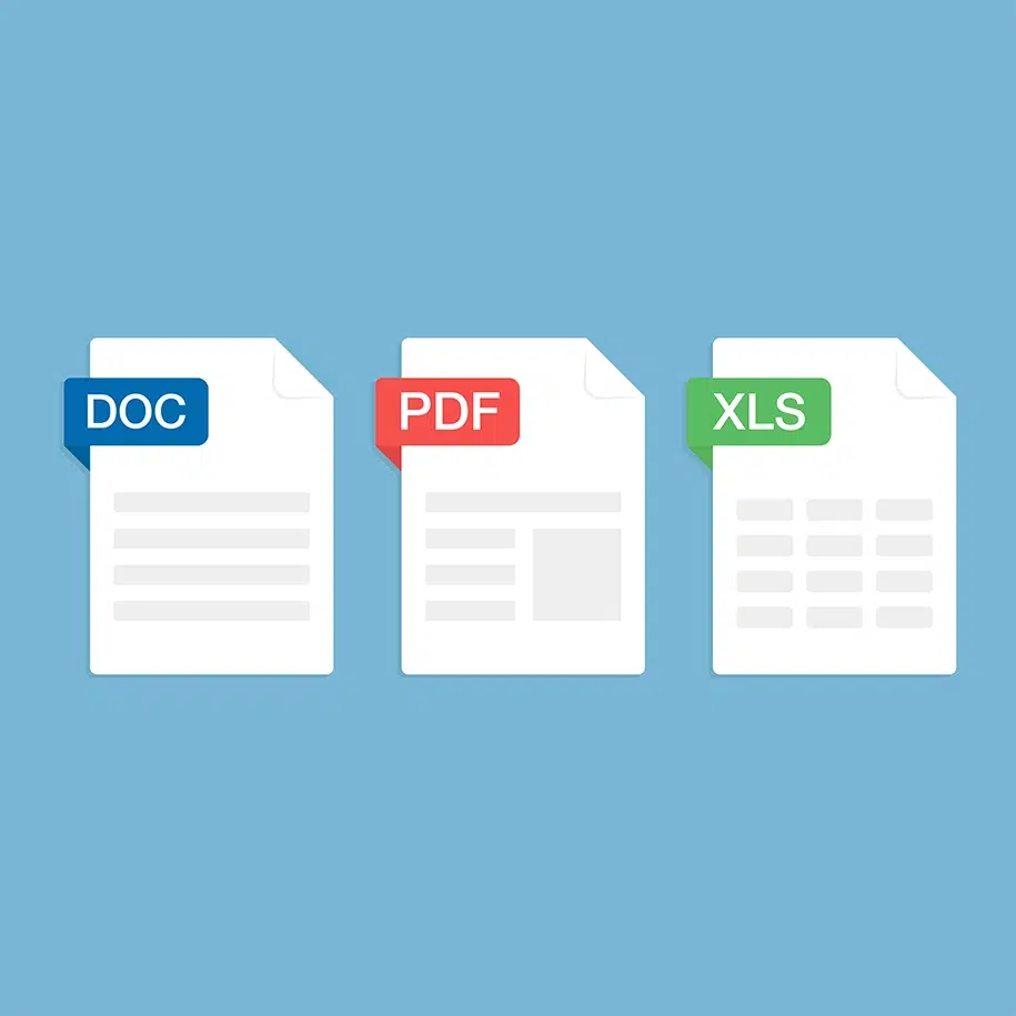 Satz von Symbolen für Dokumentdateiformate und Etiketten - DOC, PDF, XLS