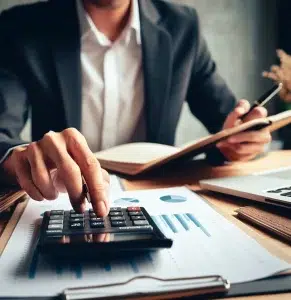 Geschäftsmann, der am Arbeitsplatz mit einem Taschenrechner Buchhaltungen durchführt