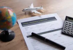 Bild des Antragsformulars für Reiseversicherungen auf einem Holztisch mit selektivem Fokus.