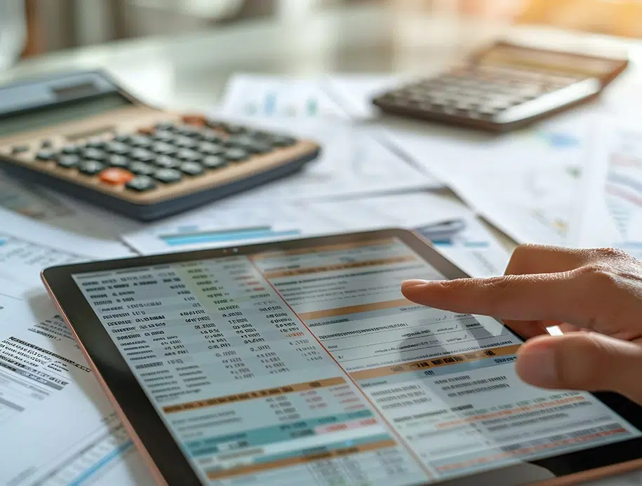 Digitale Rechnungsbuchhaltungs- und Finanzprüfungssoftware auf einem Tablet-Bildschirm mit einem Hintergrund aus Finanzdokumenten und einem Taschenrechner.