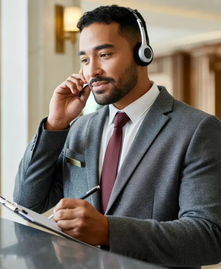 Geschäftsmann führt mit einem Headset ein Telefonat und macht sich Notizen auf einem Klemmbrett
