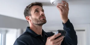 Ein Techniker bei der Wartung eines Rauchmelders