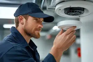 Ein Techniker bei der Wartung eines Rauchmelders