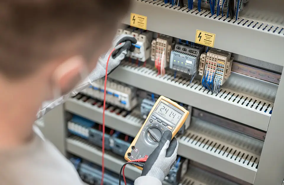 Ein junger Techniker bei einer Wartung eines Schaltschranks