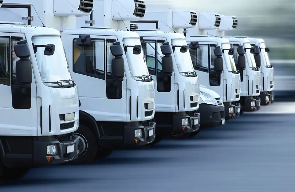 Ein Fuhrpark weißer Lkw steht zum Einsatz bereit