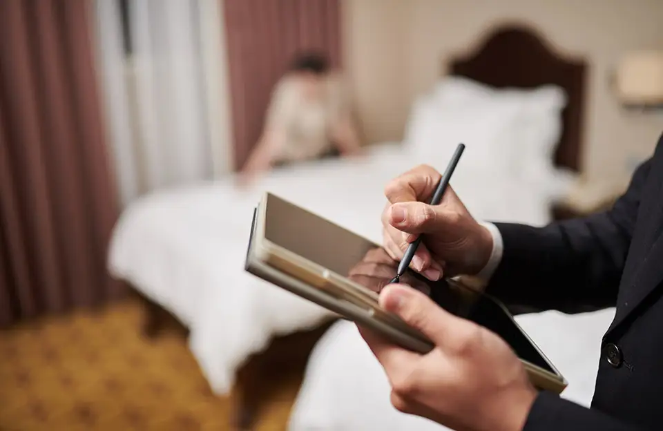 Ein Hotelmitarbeiter trägt etwas ein auf einem Tablet mit Reinigungskraft im Hintergrund