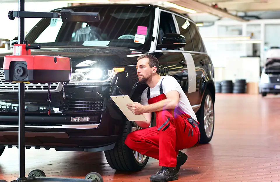 Ein Kfz-Mechaniker bei der Lichtprüfung eines Fahrzeugs