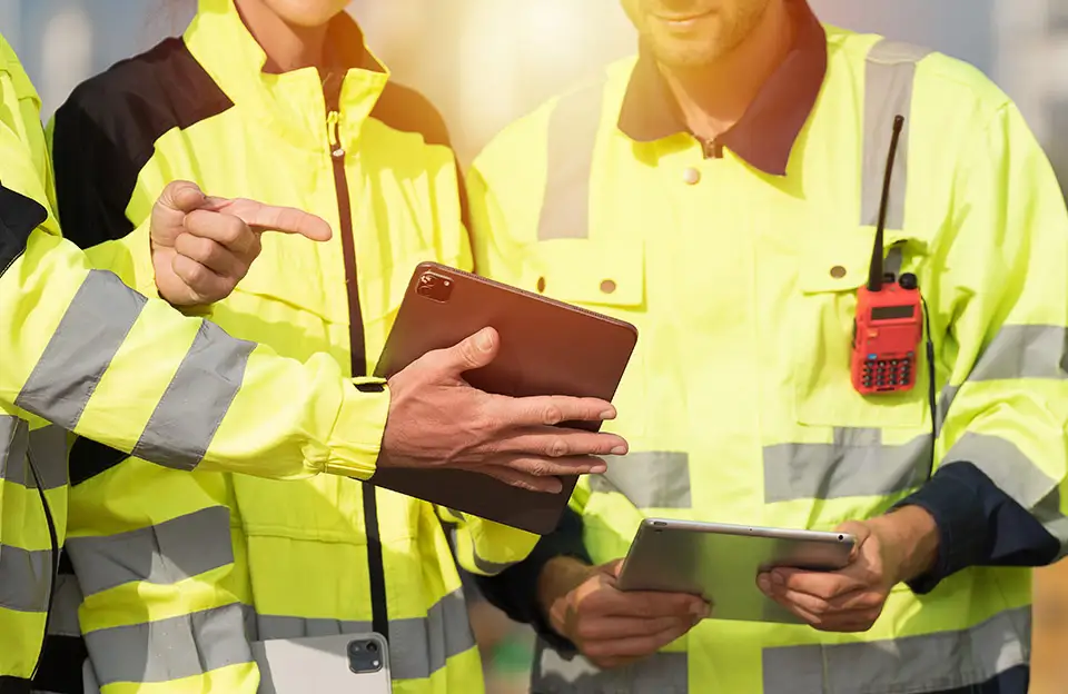 Arbeiter in Schutzkleidung vergleichen Einträge auf ihren Tablets
