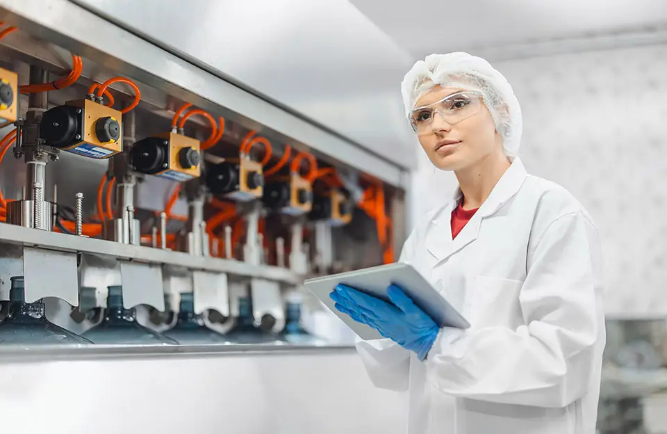 Eine Mitarbeiterin mit Hygieneschutzkleidung mit Tablet in einer Werkanlage