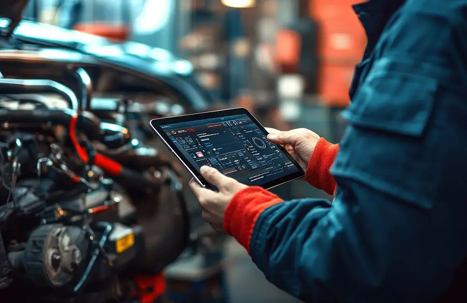 Ein Ingenieur mit Tablet bei der Wartung eines Motors
