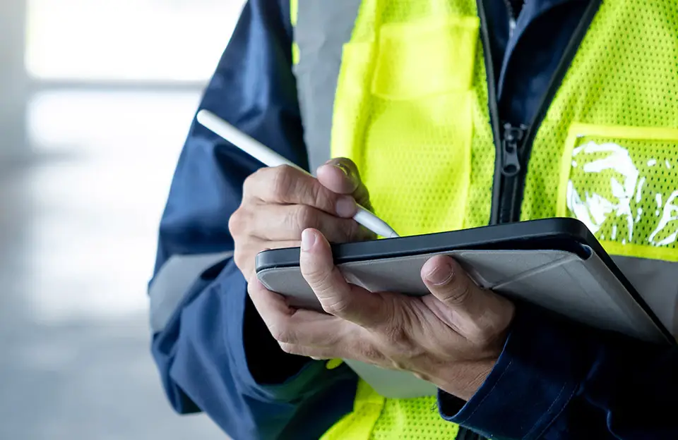 Ein Techniker beim Ausfüllen eines Wartungsprotokolls auf einem Tablet