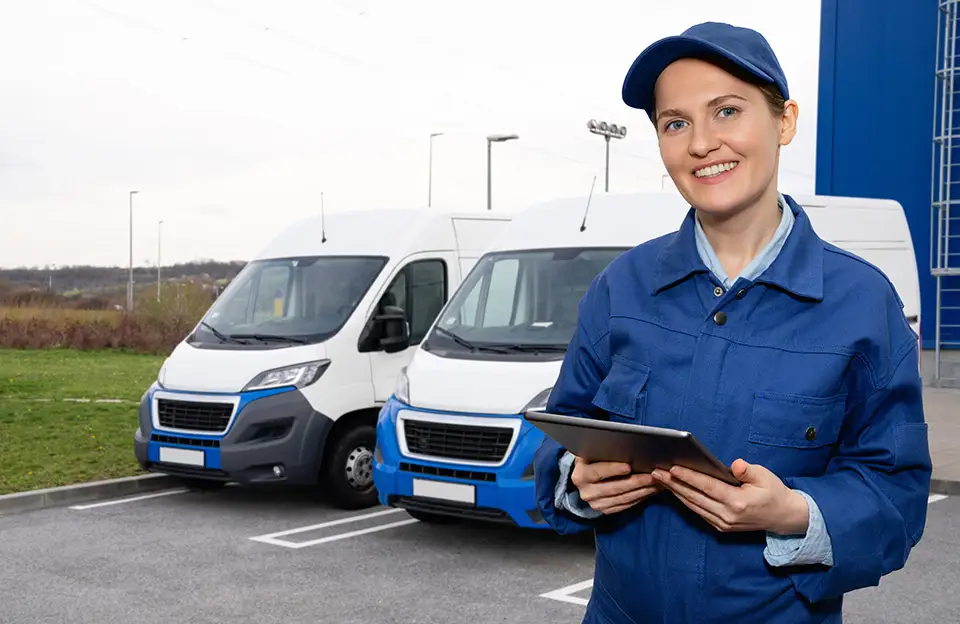 Eine Mechanikerin mit Tablet steht vor einem Fuhrpark mit weißen Transportern