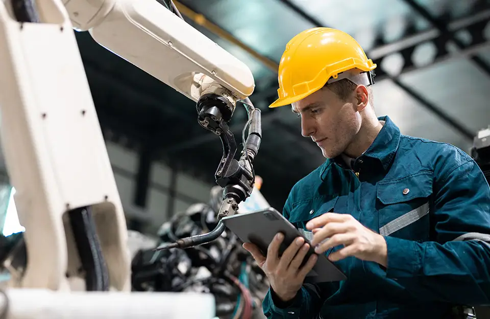 Ein Techniker mit Tablet bei der Wartung einer Maschine