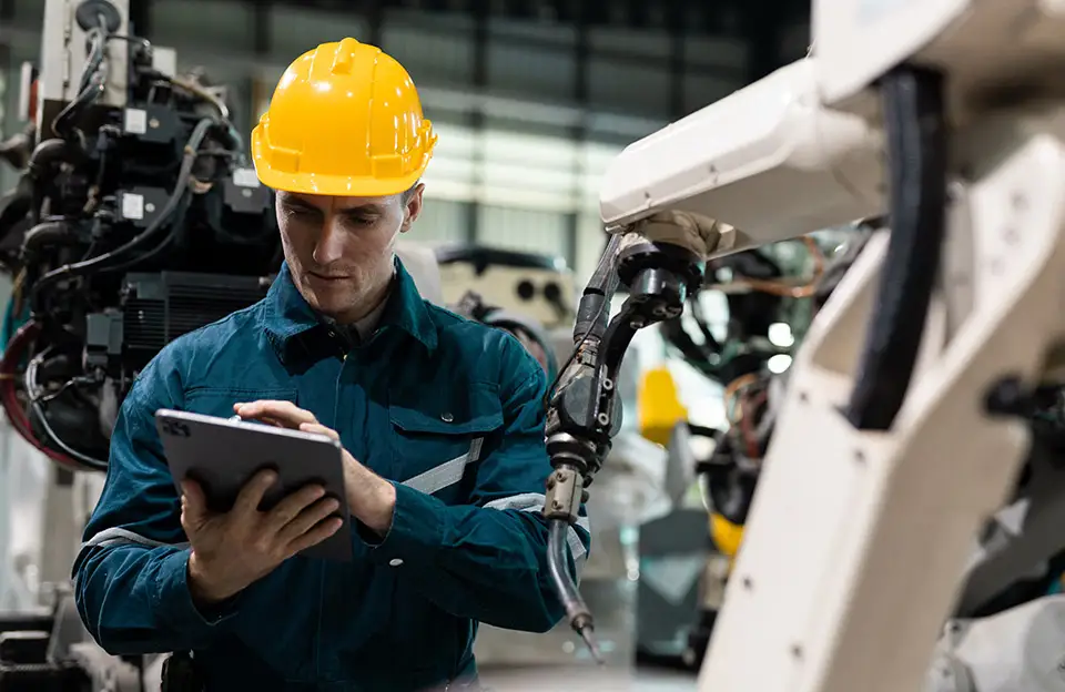 Ein Mann mit Helm tippt auf einem Tablet in einer Werkhalle