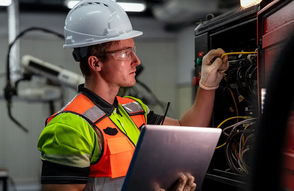 Ein Techniker mit Tablet bei der Wartung
